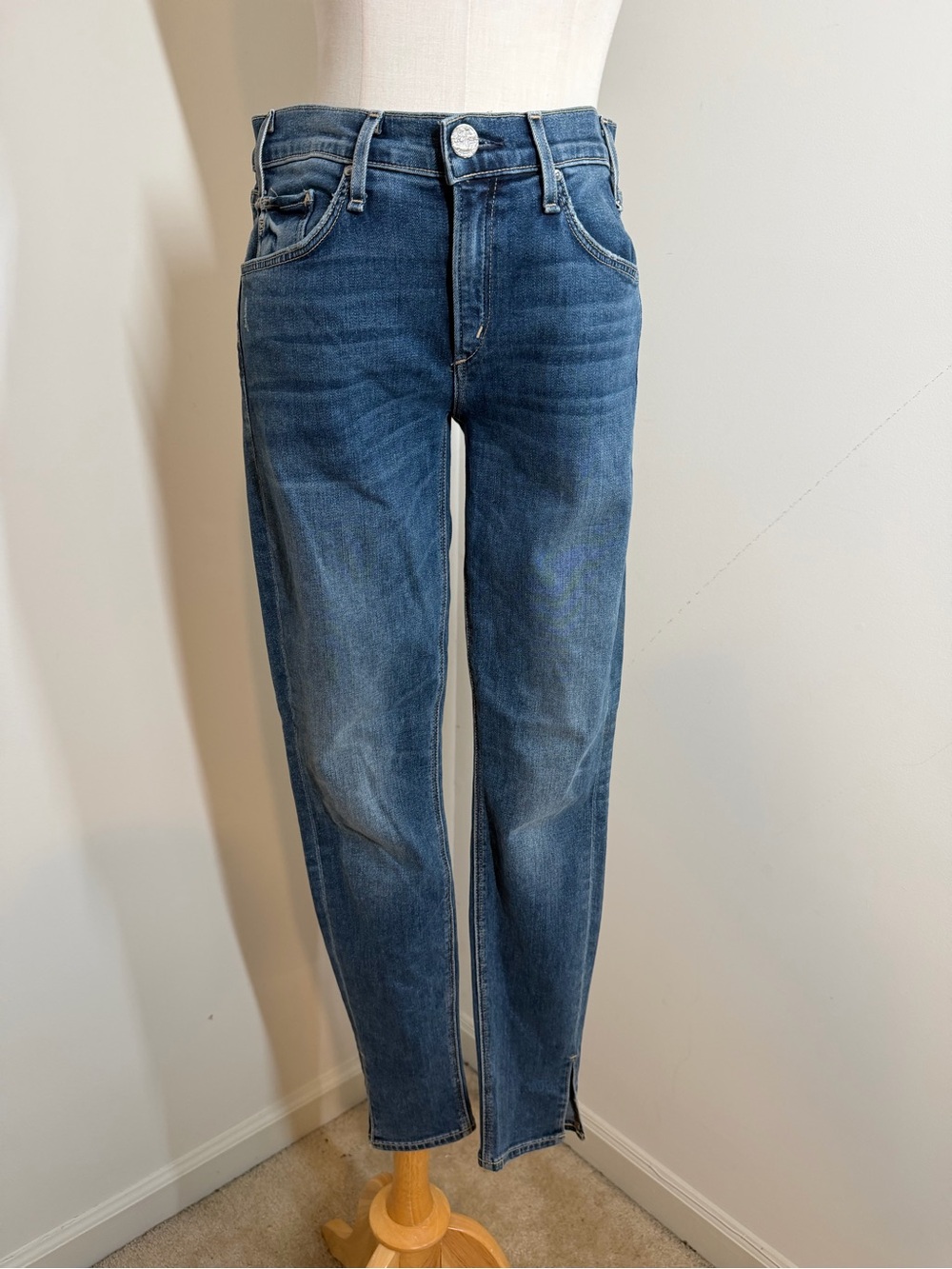 NEW! McGuire Blue Denim Mid Rise-SZ 27- Tapered Leg Jeans - Retail $258
